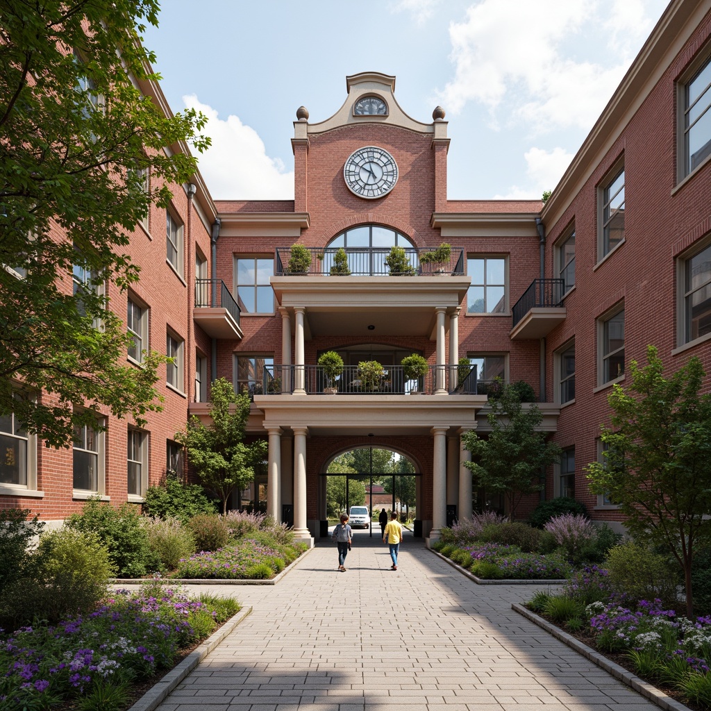 Prompt: Brick facade, grand entrance, symmetrical architecture, columned porch, ornate details, stately clock tower, community gardens, vibrant public art, diverse resident demographics, inclusive social spaces, accessible ramps, wide corridors, natural light-filled atriums, open-plan living areas, minimalist interior design, sustainable building materials, energy-efficient appliances, soft warm lighting, shallow depth of field, 3/4 composition, realistic textures, ambient occlusion.