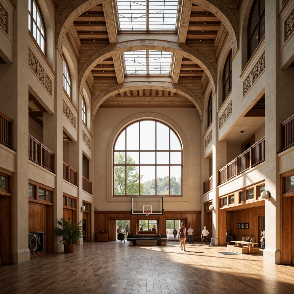 Prompt: Renaissance-style gymnasium interior, grandiose high ceilings, large arched windows, ornate stone carvings, wooden athletic flooring, vintage sports equipment, rich wood tones, warm beige walls, cream-colored columns, intricate moldings, abundant natural lighting, soft diffused illumination, clerestory windows, skylights, stained glass details, subtle shading, 1/2 composition, symmetrical framing, realistic textures, ambient occlusion.