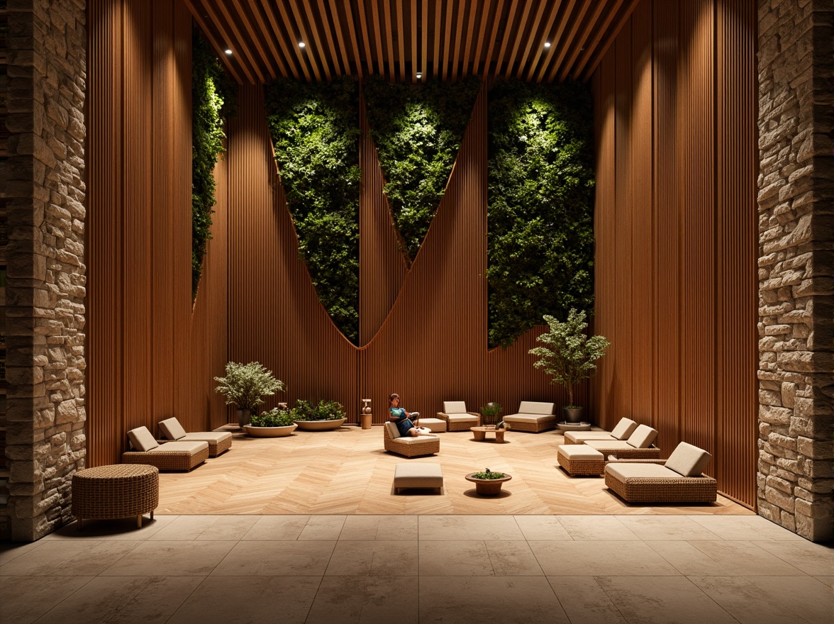 Prompt: Wooden acoustic panels, natural stone walls, reclaimed wood flooring, woven bamboo seating, living green walls, organic shapes, earthy color palette, warm ambient lighting, soft shadows, 1/2 composition, medium depth of field, realistic textures, subtle reflections, cozy atmosphere, intimate performance space, minimalist decor, sustainable design elements.