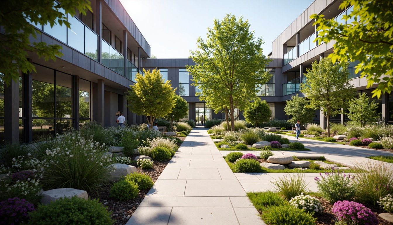 Prompt: Serene office courtyard, lush greenery, vibrant flowers, natural stone walkways, modern architecture, large windows, glass doors, blooming trees, sunny day, soft warm lighting, shallow depth of field, 3/4 composition, panoramic view, realistic textures, ambient occlusion, minimalist water features, stepping stones, wooden benches, integrated planters, vertical gardens, green roofs, eco-friendly materials, innovative cooling technologies, shaded outdoor spaces, misting systems, sleek metal buildings, angular lines, futuristic design elements.