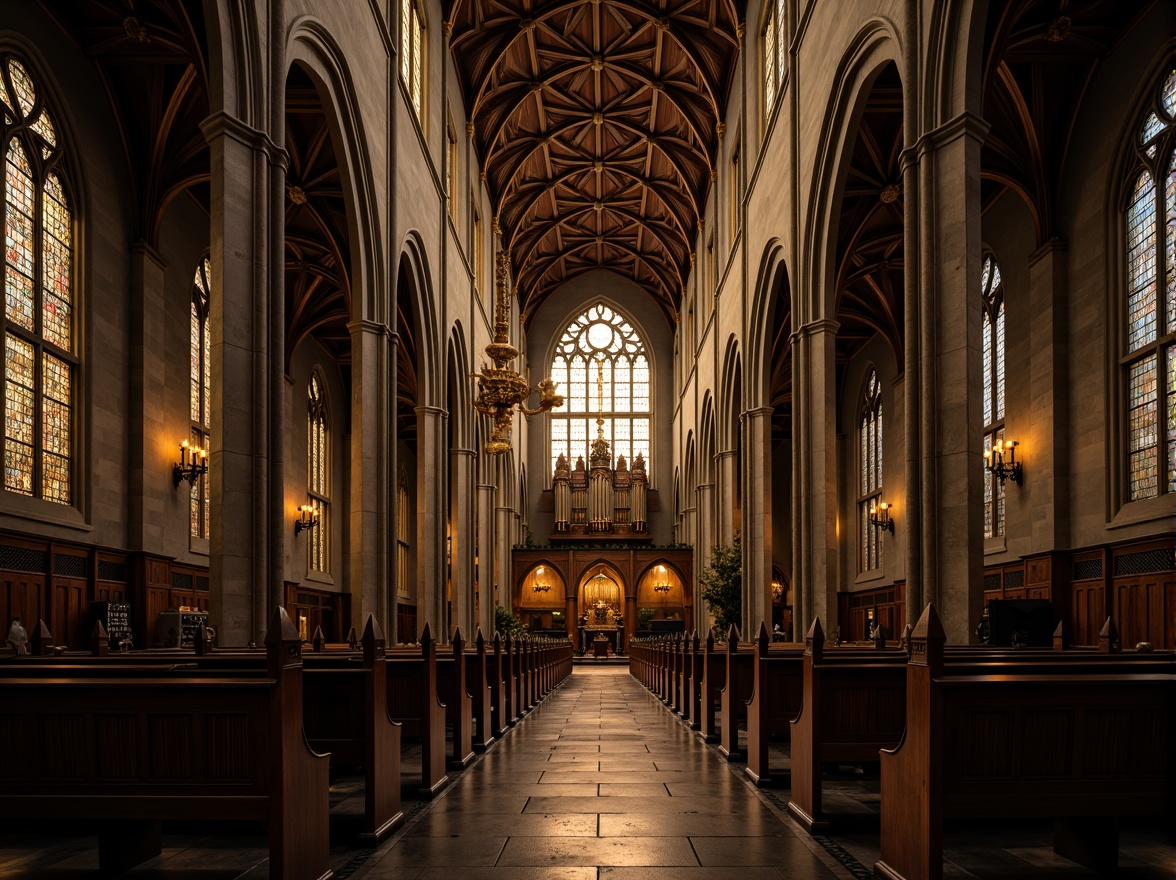 Prompt: Grandiose Gothic cathedral, vaulted ceilings, ribbed arches, stained glass windows, intricate stone carvings, ornate pews, majestic organs, dimly lit nave, eerie atmosphere, warm golden lighting, dramatic shadows, 3/4 composition, low-angle shot, realistic textures, ambient occlusion.