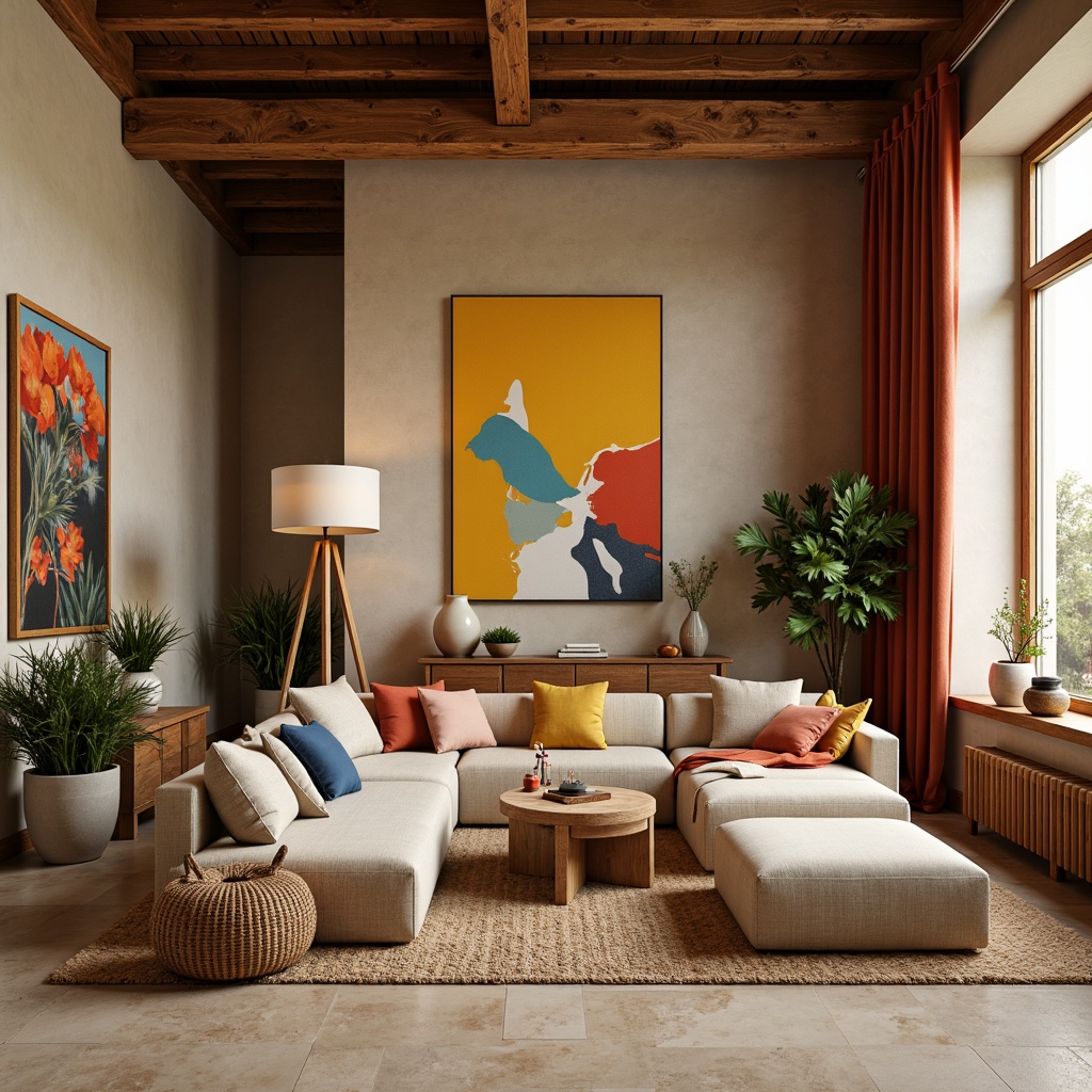 Prompt: Vibrant artistic studio, eclectic furniture, abstract artwork, rich wood accents, earthy tone walls, warm beige floors, cozy ambient lighting, natural textiles, plush rugs, minimal ornamentation, soft pastel colors, gentle color transitions, soothing atmosphere, 2/3 composition, intimate focal point, subtle shadows, realistic reflections.