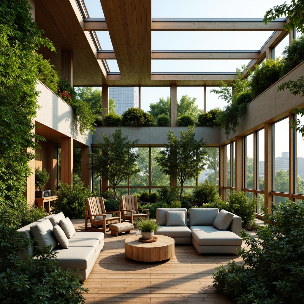 Prompt: Eco-friendly green building, lush rooftop garden, abundant natural light, floor-to-ceiling windows, solar tubes, clerestory windows, skylights, bamboo flooring, recycled materials, energy-efficient systems, rainwater harvesting, living walls, green roofs, vibrant flowers, leafy plants, warm wooden accents, earthy color palette, soft diffused lighting, 1/1 composition, shallow depth of field, realistic textures, ambient occlusion.