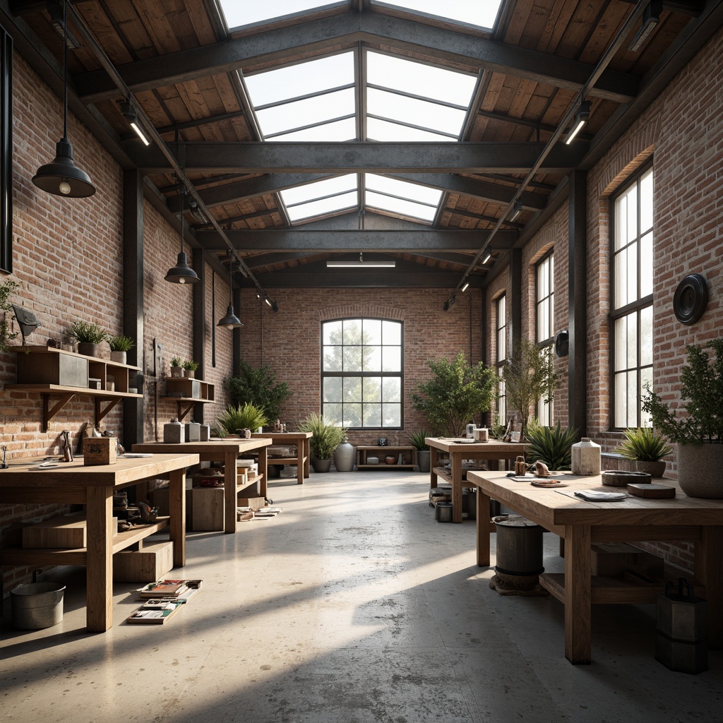 Prompt: Industrial workshop, minimalistic aesthetic, raw concrete floors, exposed brick walls, metal beams, natural light pouring through skylights, large windows, transparent glass roofs, soft warm ambiance, subtle shadows, rustic wooden workbenches, metal tools, scattered papers, simple color palette, earthy tones, functional layout, open space, airy atmosphere, high ceiling, diffused lighting, shallow depth of field, 3/4 composition, realistic textures.