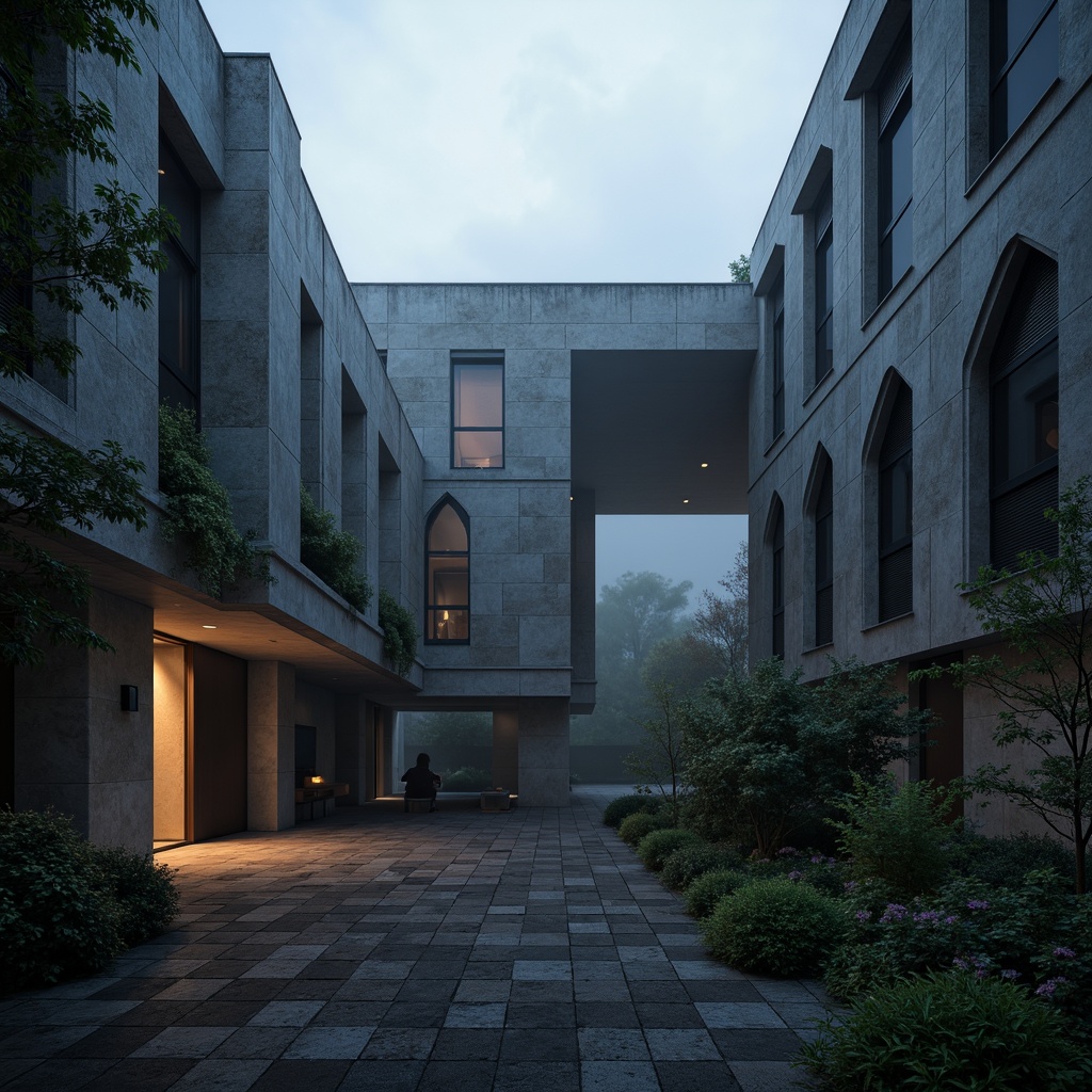 Prompt: Moody brutalist architecture, orchid-inspired color palette, monolithic concrete structures, rugged stone walls, industrial metal accents, angular lines, minimalist ornamentation, dramatic shadows, high-contrast lighting, cinematic atmosphere, mysterious foggy morning, overcast sky, subtle warm glow, 1/2 composition, shallow depth of field, realistic textures, ambient occlusion.