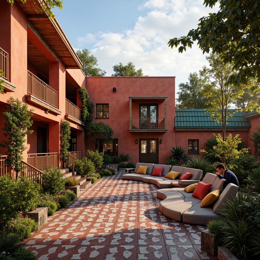 Prompt: Vibrant outdoor amphitheater, eclectic style, warm terracotta walls, rustic stone seating, lush greenery, colorful mosaic tiles, ornate metal railings, intricate wooden carvings, bold geometric patterns, dynamic lighting effects, warm golden hour, soft focus blur, 1/1 composition, atmospheric perspective, realistic textures, ambient occlusion.