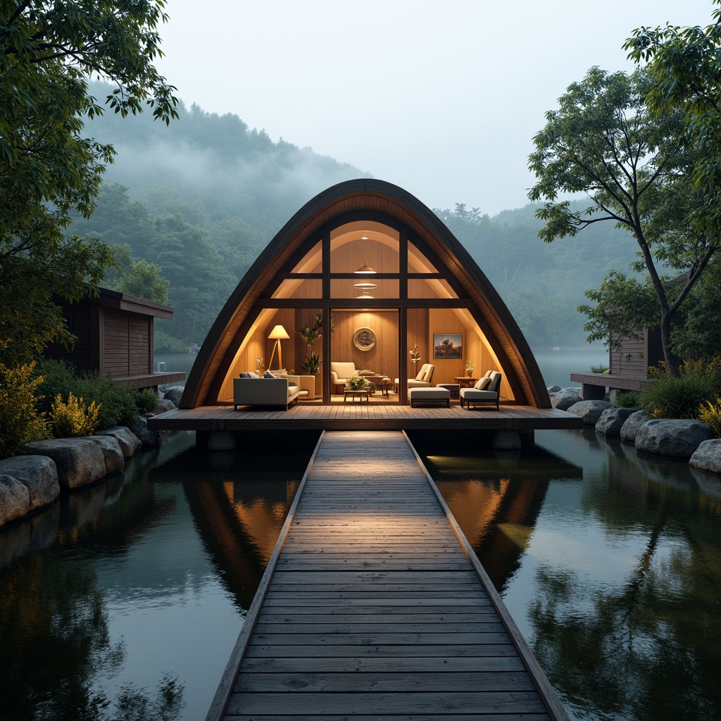 Prompt: Curved boathouse silhouette, organic blob-like shape, rustic wooden docks, weathered stone walls, overhanging eaves, lush greenery surroundings, serene lake views, misty morning atmosphere, soft warm lighting, shallow depth of field, 1/2 composition, realistic water reflections, natural wood textures, earthy color palette, cozy interior ambiance, plush furnishings, nautical decorations, ambient occlusion.