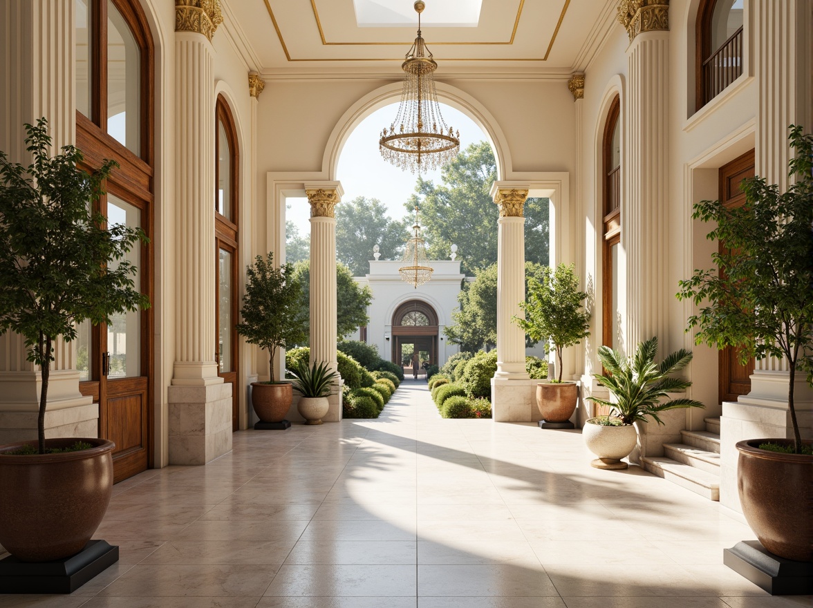 Prompt: Elegant neoclassical facade, grand entrance, ornate details, symmetrical composition, high ceilings, large windows, crystal chandeliers, marble floors, cream-colored walls, subtle moldings, natural stone columns, classical arches, sweeping staircases, dramatic skylights, abundant greenery, lush courtyard, sunny day, soft warm lighting, shallow depth of field, 1/1 composition, realistic textures, ambient occlusion.