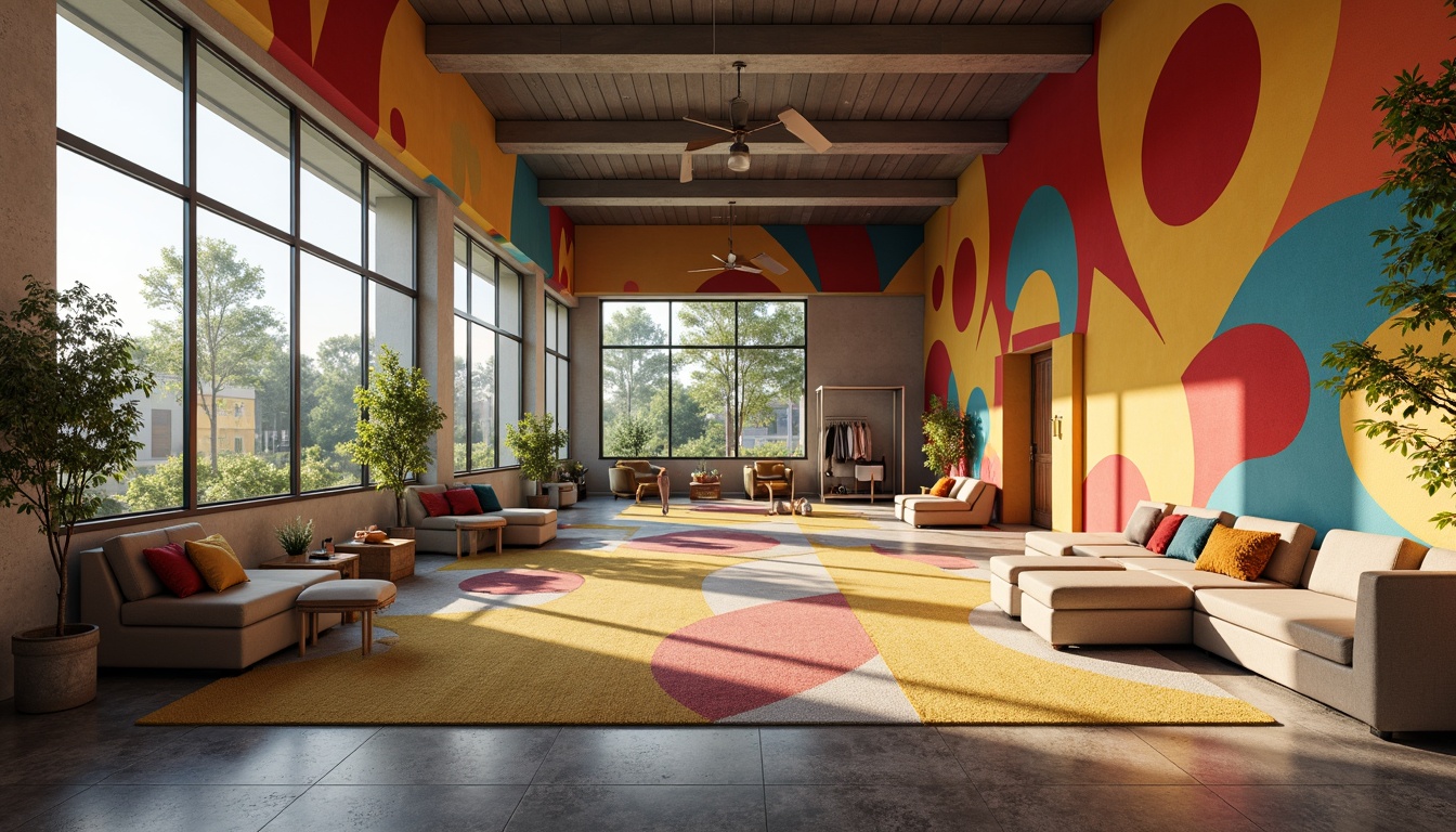 Prompt: Cozy gymnasium interior, vibrant colored walls, soft plush carpets, ergonomic exercise equipment, comfortable seating areas, natural wood accents, large windows, abundant daylight, calming color scheme, textured concrete floors, acoustic panels, sound-absorbing materials, warm ambient lighting, 1/1 composition, realistic textures, shallow depth of field.