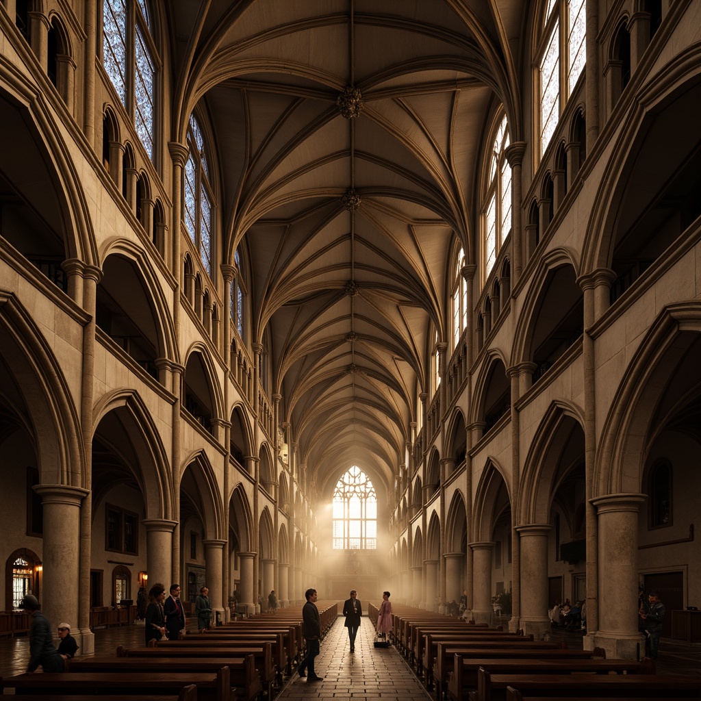 Prompt: Grand Gothic cathedral, vaulted ceilings, ribbed arches, stained glass windows, intricate stone carvings, ornate pinnacles, dramatic lighting, warm golden tones, rich textures, high-angle shot, 1/2 composition, soft diffused light, atmospheric mist, solemn ambiance, reverberant acoustics.