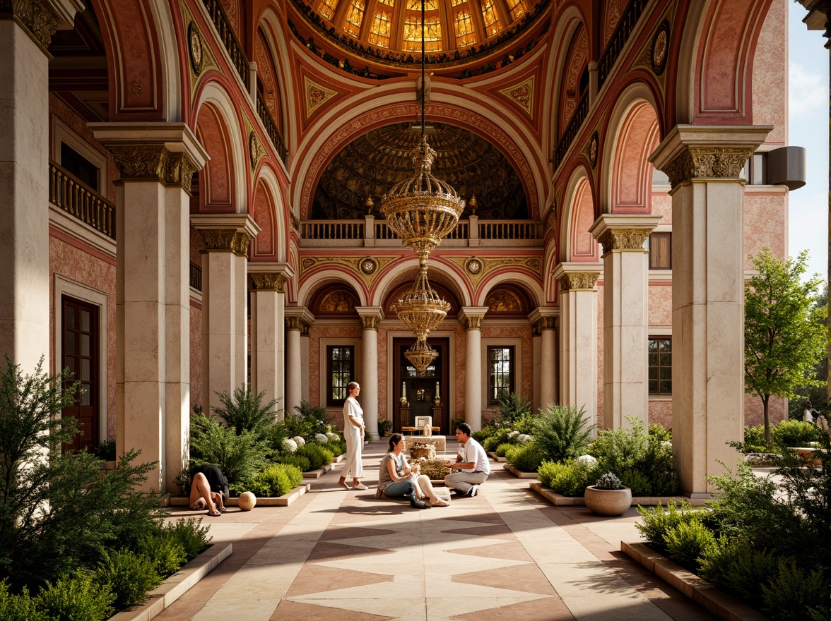 Prompt: \Majestic Byzantine architecture, rich golden domes, intricate mosaics, warm earthy tones, terracotta red walls, creamy marble columns, ornate bronze details, lush greenery, majestic archways, grandiose vaulted ceilings, soft warm lighting, shallow depth of field, 3/4 composition, panoramic view, realistic textures, ambient occlusion.\