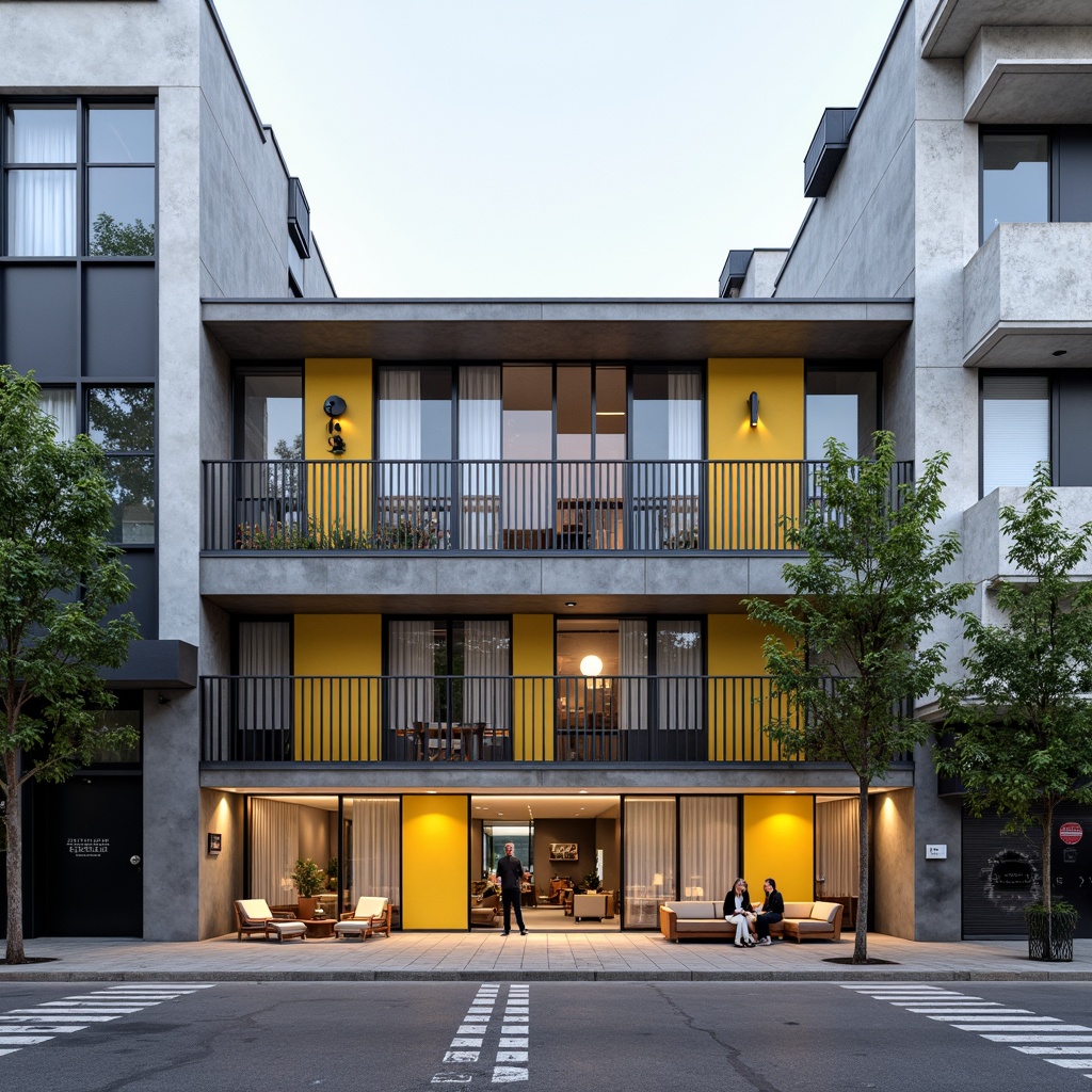 Prompt: Simple hostel facade, rectangular forms, primary color accents, industrial materials, metal railings, minimalist decor, functional simplicity, urban surroundings, busy streets, modern cityscape, angular lines, geometric shapes, brutalist influences, raw concrete textures, natural light pouring in, shallow depth of field, 1/1 composition, high contrast lighting, bold typography, functional furniture design.