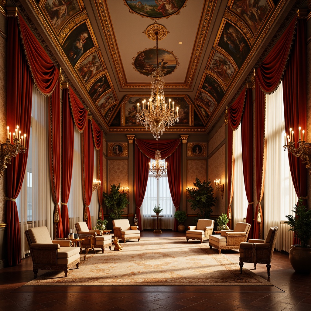 Prompt: Opulent palace interior, warm Sienna tones, rich velvet drapes, ornate gold accents, intricate fresco ceilings, lavish furnishings, grandiose chandeliers, Renaissance-inspired patterns, soft warm lighting, dramatic shadows, 1/2 composition, shallow depth of field, realistic textures, ambient occlusion.