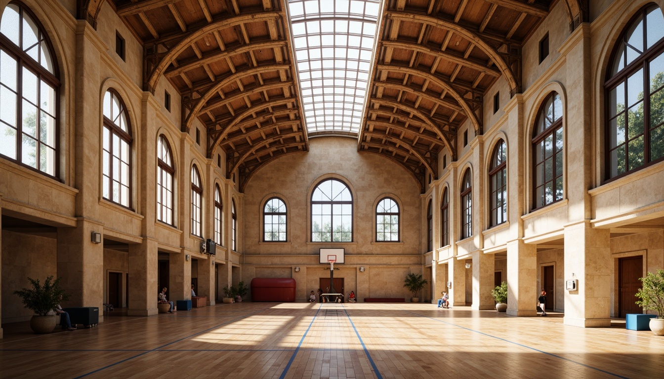 Prompt: Grand Renaissance gymnasium, high ceilings, large arched windows, stained glass skylights, ornate stone columns, polished wooden floors, athletic equipment, basketball hoops, gymnastics mats, natural stone walls, earthy tones, warm beige colors, soft diffused lighting, indirect sunlight, clerestory windows, 1/1 composition, realistic reflections, ambient occlusion.