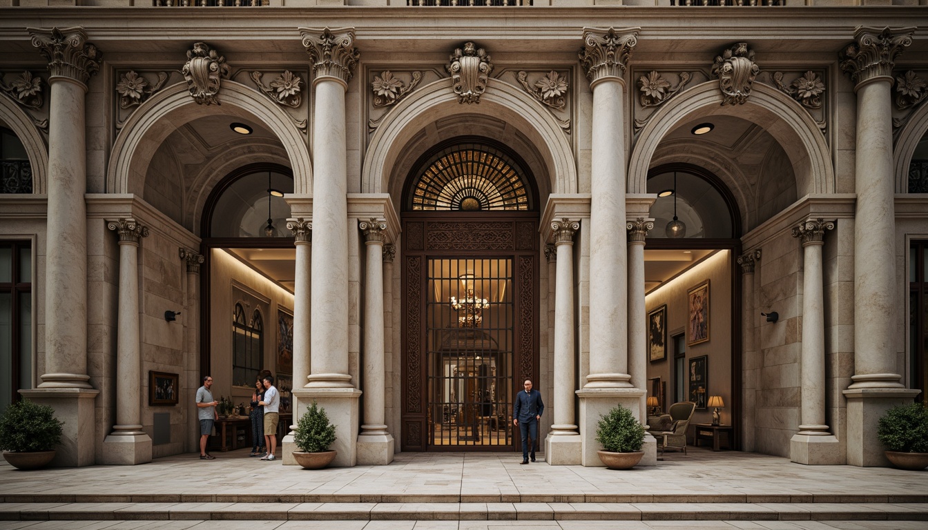 Prompt: Grand bank building, ornate facade, Renaissance-style columns, intricate stone carvings, rusticated quoins, symmetrical composition, grand entrance archway, decorative pediments, ornamental metalwork, bronze door handles, marble flooring, high ceilings, large windows, stained glass, classical motifs, subtle lighting, shallow depth of field, 2/3 composition, realistic textures, ambient occlusion.