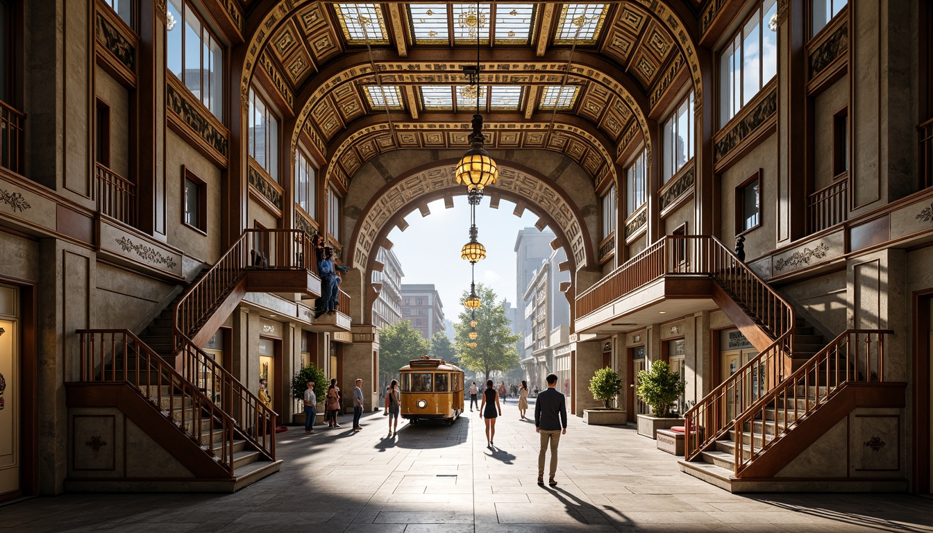 Prompt: Vibrant tram station, ornate metalwork, symmetrical geometric patterns, luxurious materials, chrome accents, marble floors, intricately designed ceilings, stained glass windows, art deco-inspired motifs, golden lighting fixtures, grand staircases, ornamental railings, busy urban atmosphere, natural light pouring in, shallow depth of field, 1/1 composition, realistic reflections, ambient occlusion.