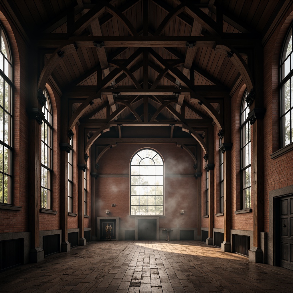 Prompt: Vaulted ceilings, exposed trusses, dark wood tones, ornate metal brackets, Gothic arches, stained glass windows, industrial-chic aesthetic, rustic brick walls, distressed steel beams, reclaimed wooden floors, atmospheric lighting, dramatic shadows, 1/1 composition, symmetrical framing, high-contrast imagery, misty ambient atmosphere, soft warm glow, cinematic mood.