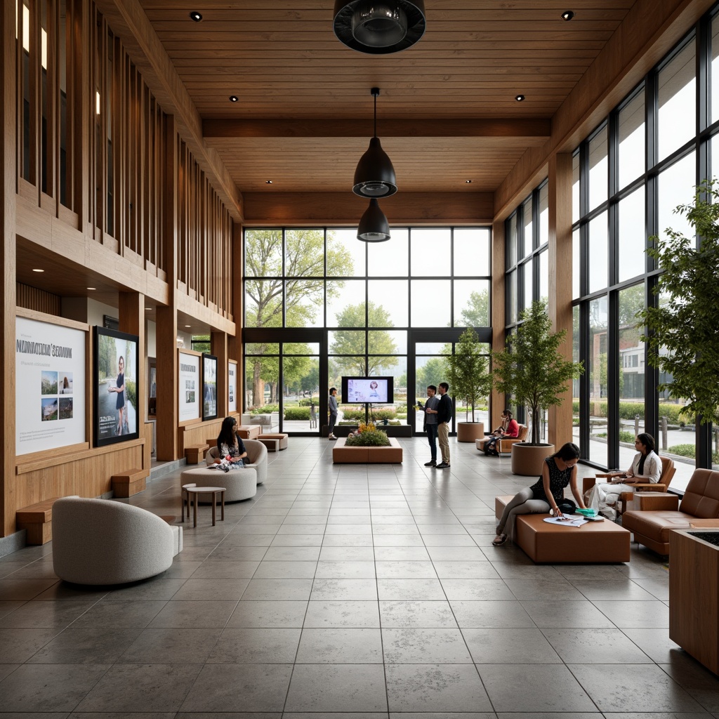 Prompt: \Visitor center interior, open-plan layout, natural stone flooring, wooden accents, minimalistic decor, interactive exhibits, digital displays, comfortable seating areas, abundant natural light, floor-to-ceiling windows, modern minimalist furniture, sleek metal fixtures, warm color scheme, cozy atmosphere, subtle branding elements, intuitive wayfinding signage, wheelchair accessibility features, ample power outlets, flexible modular design, 1/1 composition, softbox lighting, realistic textures, ambient occlusion.\