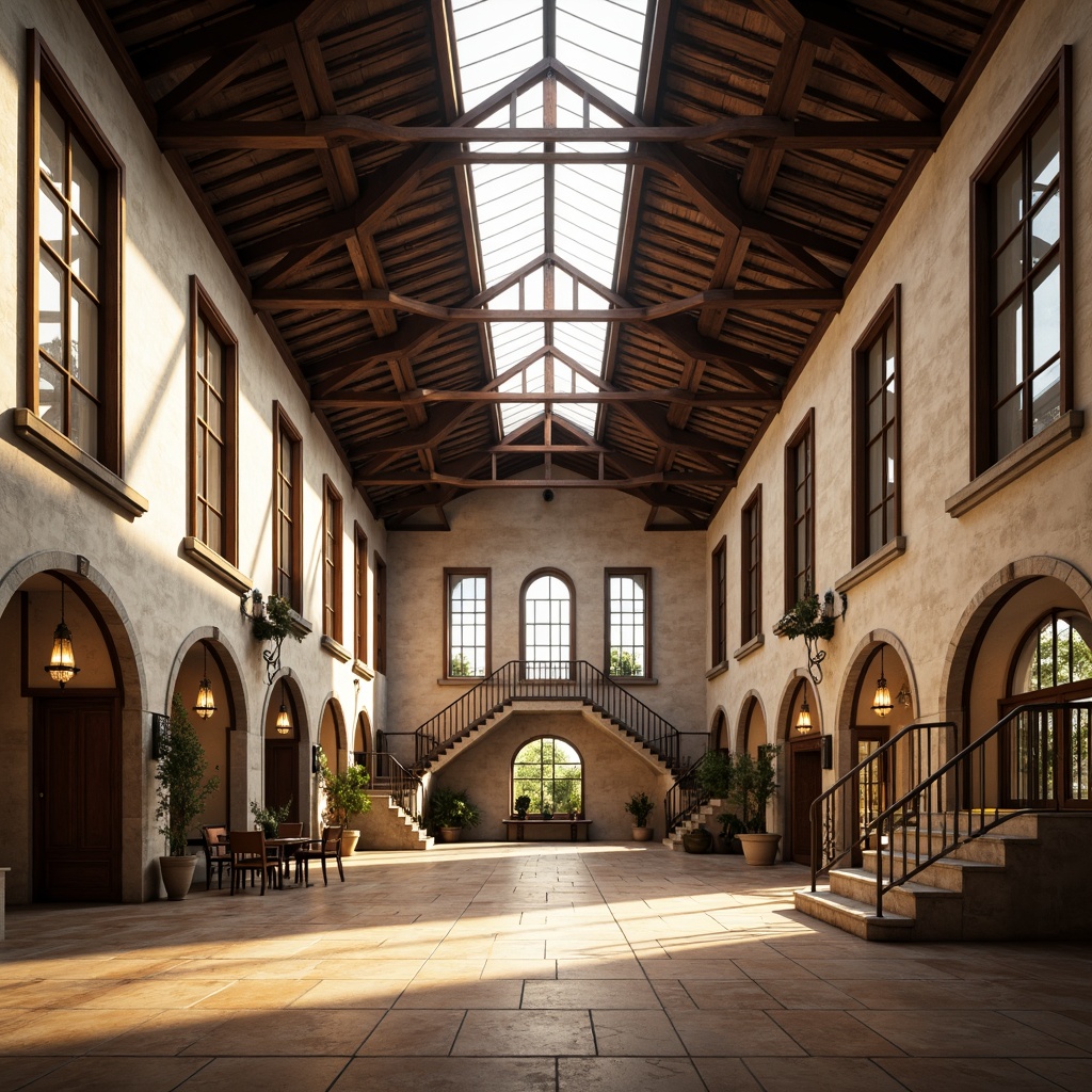 Prompt: Renaissance-style gymnasium, high ceilings, large windows, clerestory lighting, natural stone walls, wooden floors, rustic metal beams, vaulted arches, grand entrance hall, sweeping staircases, ornate chandeliers, soft warm lighting, shallow depth of field, 3/4 composition, panoramic view, realistic textures, ambient occlusion, morning light, diffused sunlight, subtle shadows, elegant lines, classic architectural details.