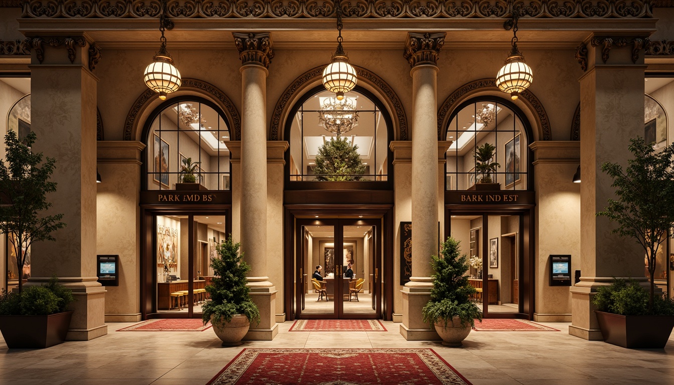 Prompt: Grandiose bank facade, ornate Renaissance-style columns, intricately carved stone details, symmetrical arches, grand entrance doors, decorative bronze hardware, opulent chandeliers, lavish marble flooring, richly patterned rugs, stately ATMs, elegant teller stations, warm golden lighting, subtle gradient shadows, 1/2 composition, majestic vertical lines, ornate moldings, rustic stone walls, classical sculptures, vibrant frescoes, imposing clock towers.