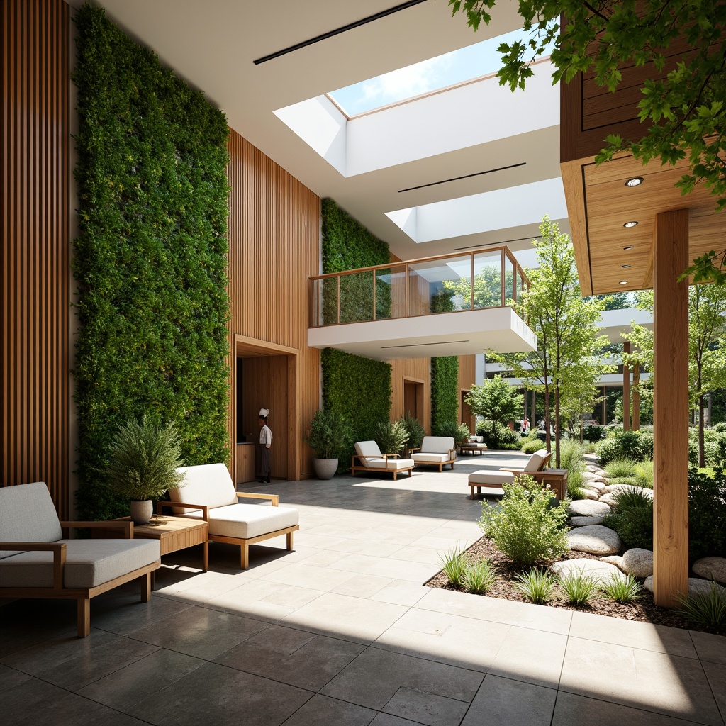 Prompt: Soothing hospital interior, natural wood accents, living green walls, reclaimed stone floors, organic textures, earthy color palette, calming ambiance, abundant natural light, large windows, minimalist decor, comfortable seating areas, serene water features, peaceful outdoor gardens, lush vegetation, warm sunny days, soft diffused lighting, shallow depth of field, 1/1 composition, realistic renderings, ambient occlusion.