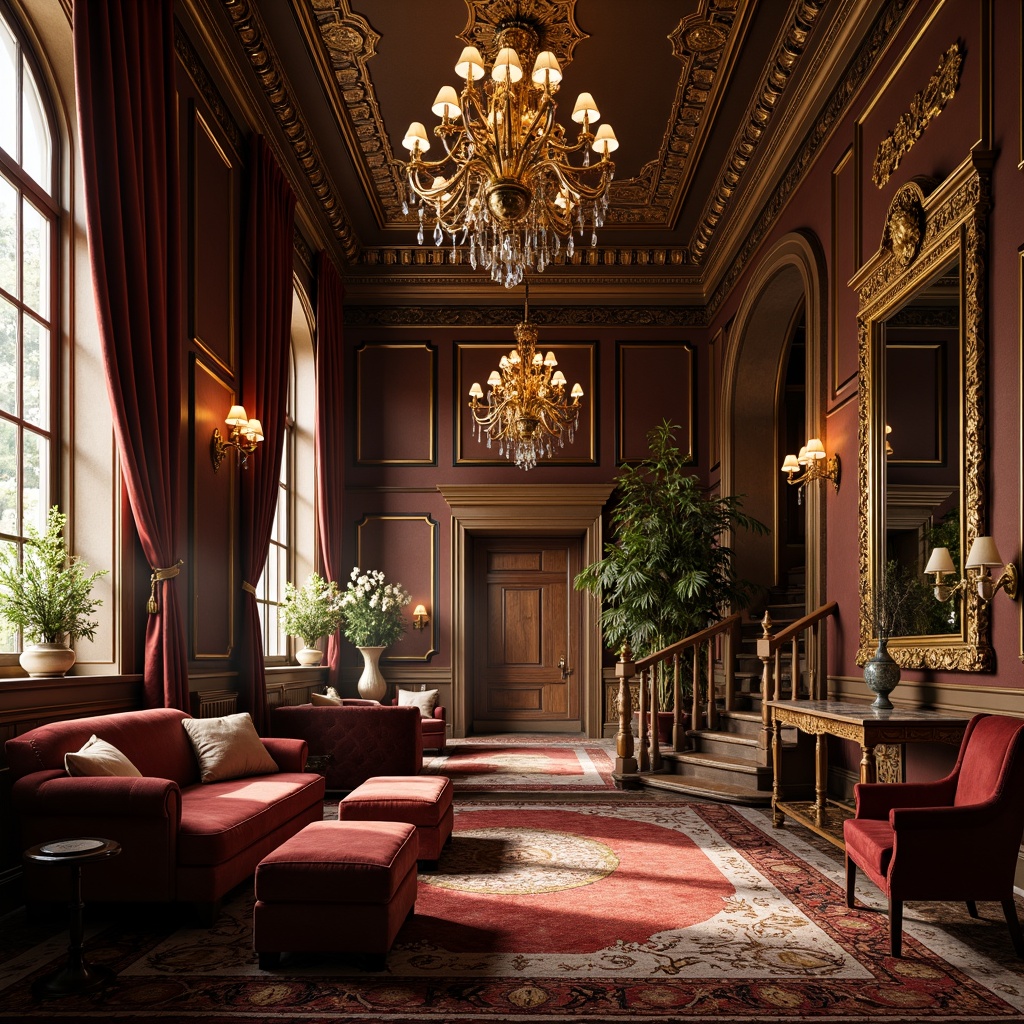 Prompt: Opulent interior, grandiose chandeliers, intricate carvings, gilded ornaments, rich velvet fabrics, ornate mirrors, lavish furnishings, majestic archways, sweeping staircases, dramatic drapery, warm golden lighting, soft focus, 1/2 composition, intimate atmosphere, realistic textures, ambient occlusion.