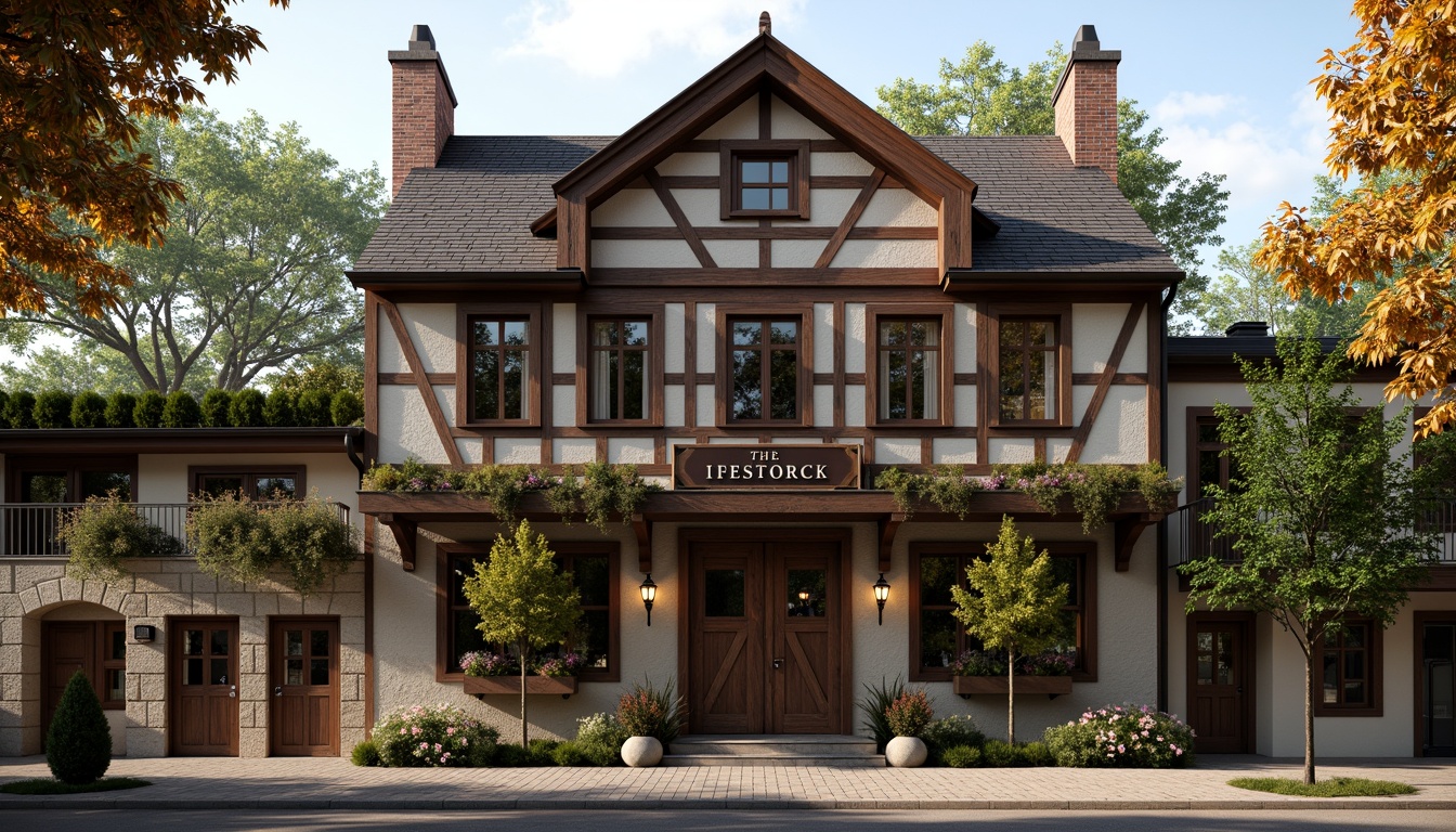 Prompt: Rustic pub facade, traditional regionalism style, wooden accents, steeply pitched roofs, ornate gables, decorative trusses, earthy color palette, rough-hewn stone walls, classic wooden doors, vintage metal lanterns, lush greenery, blooming flowers, quaint streetscape, warm afternoon light, soft focus, 1/1 composition, natural textures, ambient occlusion.