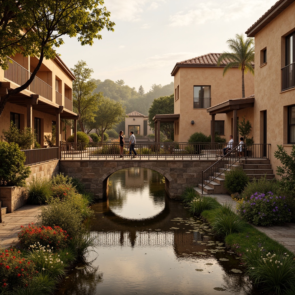 Prompt: Warm sienna bridges, rustic wooden railings, earthy brown stone piers, soft golden lighting, serene river views, lush greenery, vibrant wildflowers, natural stone walkways, weathered wood accents, distressed metal details, warm beige stucco, terracotta roofs, subtle gradient skies, soft focus blur, 1/1 composition, atmospheric perspective.