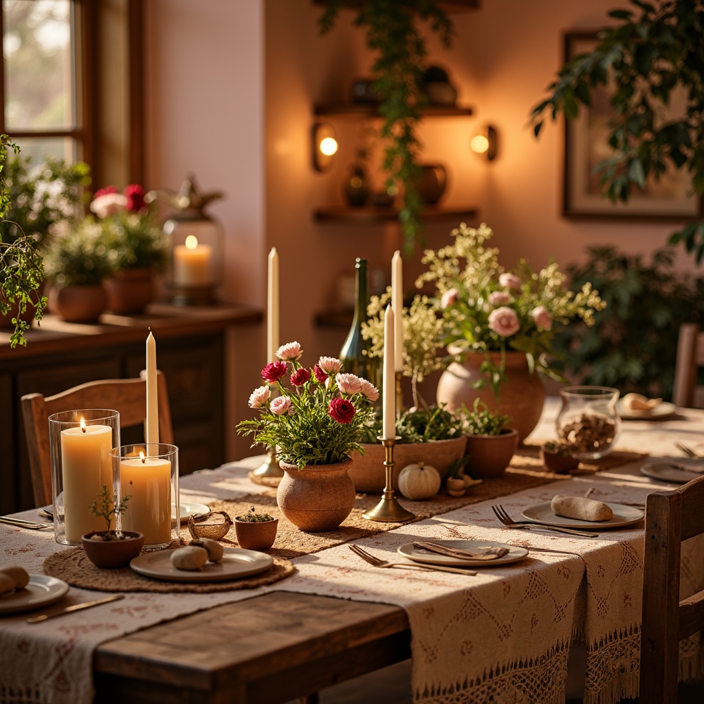 Prompt: Warm peach hues, soft golden lighting, creamy textures, vintage rustic decor, distressed wood accents, earthy terracotta pots, lush greenery, whimsical floral patterns, delicate lace details, romantic ambiance, intimate candlelit setting, shallow depth of field, 1/2 composition, natural warm colors, inviting atmosphere.