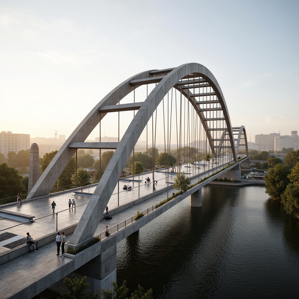 Prompt: Eco-friendly bridge design, curved steel arches, cable-stayed suspensions, pedestrian walkways, bike lanes, LED lighting systems, solar panels, wind turbines, green roofs, recycled materials, minimalist construction, open truss structures, waterfront scenery, serene river views, misty morning atmosphere, soft warm lighting, shallow depth of field, 1/1 composition, realistic textures, ambient occlusion.