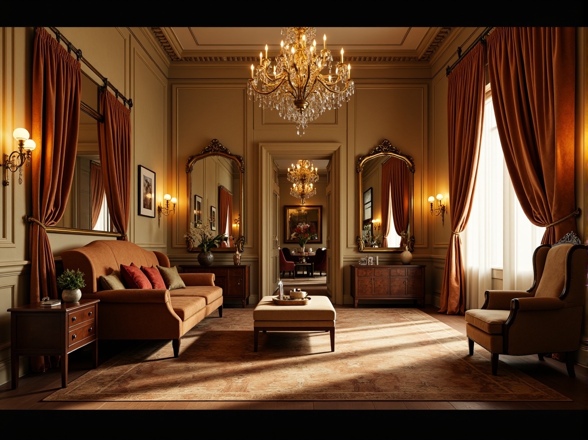 Prompt: Rich velvet drapes, warm golden lighting, soft beige walls, luxurious furnishings, ornate mirrors, crystal chandeliers, lavish textiles, intricate patterns, subtle metallic accents, moody atmospheric colors, dark mysterious shadows, dramatic contrast, 1/2 composition, cinematic view, realistic reflections, ambient occlusion.