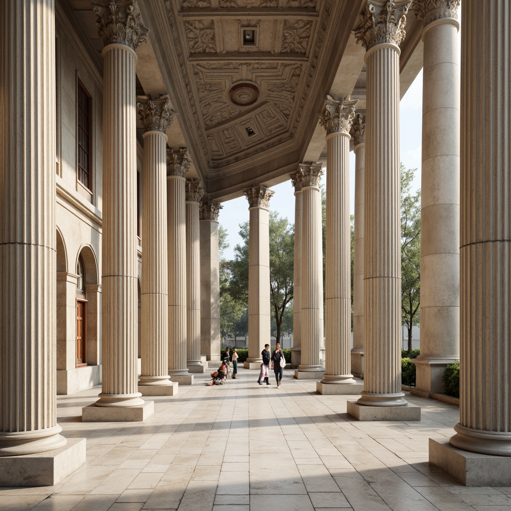 Prompt: Grandiose columns, ornate capitals, symmetrical facades, harmonious proportions, balanced composition, rusticated bases, arched windows, pedimented doors, decorative cornices, classical orders, Doric pilasters, Ionic volutes, Corinthian acanthus leaves, marble surfaces, limestone textures, subtle color palette, natural light illumination, soft shadows, 1/1 composition, central axis symmetry, perspectival view, realistic materials, ambient occlusion.