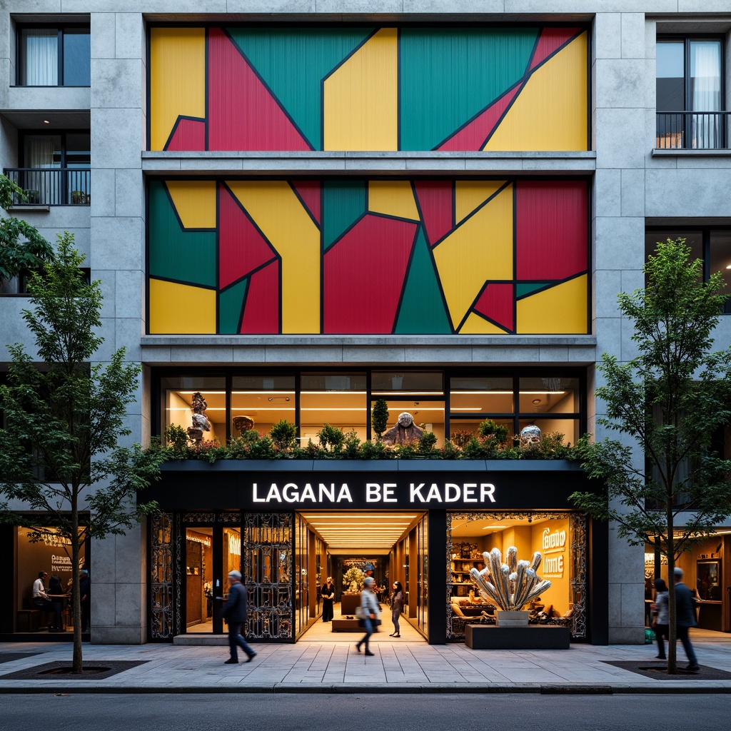 Prompt: Vibrant storefront, bold color blocking, irregular shapes, playful typography, eclectic mix of materials, distressed finishes, ornate metalwork, Art Deco influences, geometric patterns, abstract sculptures, neon signage, futuristic lighting, urban cityscape, busy street scene, pedestrian traffic, shallow depth of field, 1/1 composition, high contrast, gritty textures, dramatic shadows.