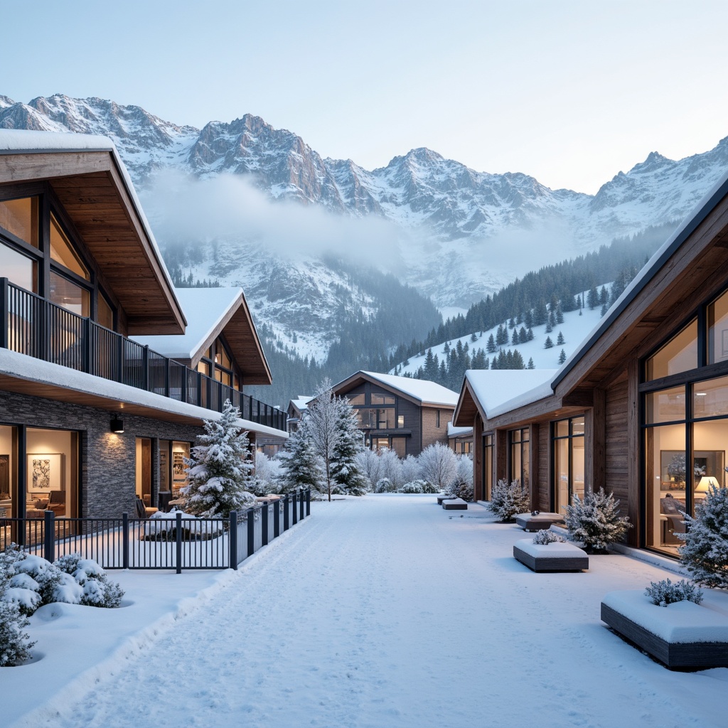 Prompt: Snow-capped mountains, frosty morning air, sleek modern ski center, angular wooden fa\u00e7ade, cantilevered roofs, large glass windows, minimalist metal railings, snowflake-inspired patterns, warm ambient lighting, soft misty atmosphere, shallow depth of field, 1/2 composition, panoramic view, realistic snowy textures, ambient occlusion, Scandinavian-inspired color palette, natural stone walls, wooden accents, cozy interior spaces, ski equipment storage, rustic wooden benches.