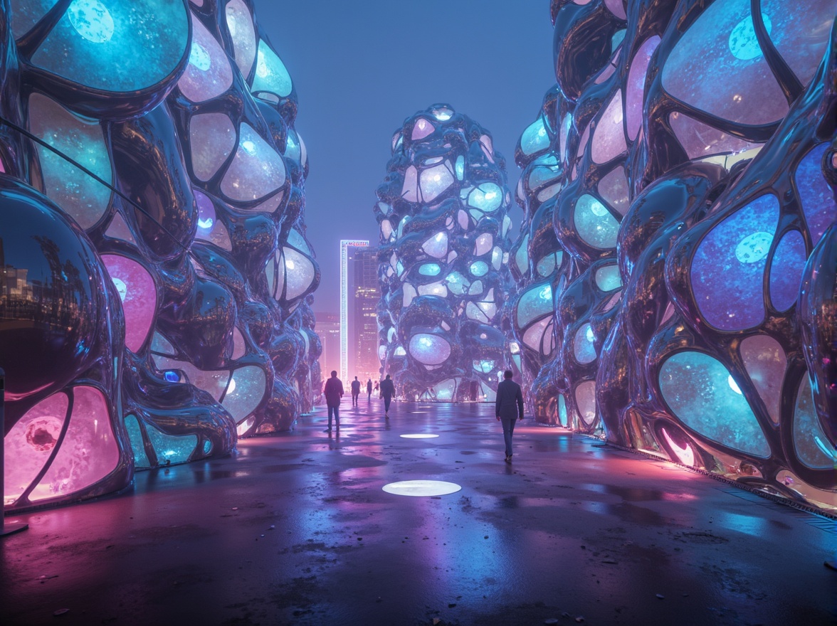 Prompt: Iridescent blob-shaped buildings, translucent membranes, glowing neon lights, futuristic cityscape, curved lines, amoeba-inspired structures, parametric design, algorithmic architecture, 3D printed components, bioluminescent accents, misty atmospheric effects, shallow depth of field, 1/1 composition, cinematic lighting, realistic reflections, ambient occlusion, vibrant iridescent colors, metallic sheen, holographic displays.