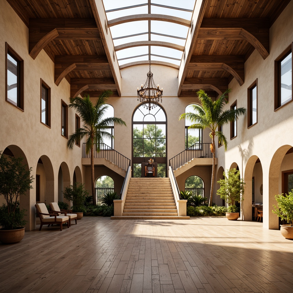 Prompt: Grand Renaissance-style gymnasium, high vaulted ceilings, large arched windows, clerestory lighting, rustic stone walls, polished wooden floors, ornate chandeliers, natural limestone columns, grand staircases, sweeping archways, soft diffused light, warm beige color scheme, Mediterranean-inspired courtyard, lush greenery, tall trees, sunny day, shallow depth of field, 3/4 composition, panoramic view, realistic textures, ambient occlusion.