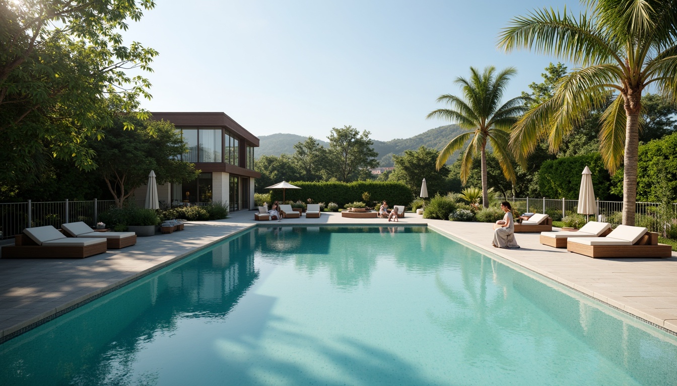 Prompt: Symmetrical pool design, calm turquoise water, surrounding lush greenery, modern architectural lines, sleek stone decking, minimalist furniture, subtle lighting effects, gentle water features, infinity edge, serene ambiance, warm sunny day, shallow depth of field, 1/2 composition, realistic reflections, ambient occlusion.