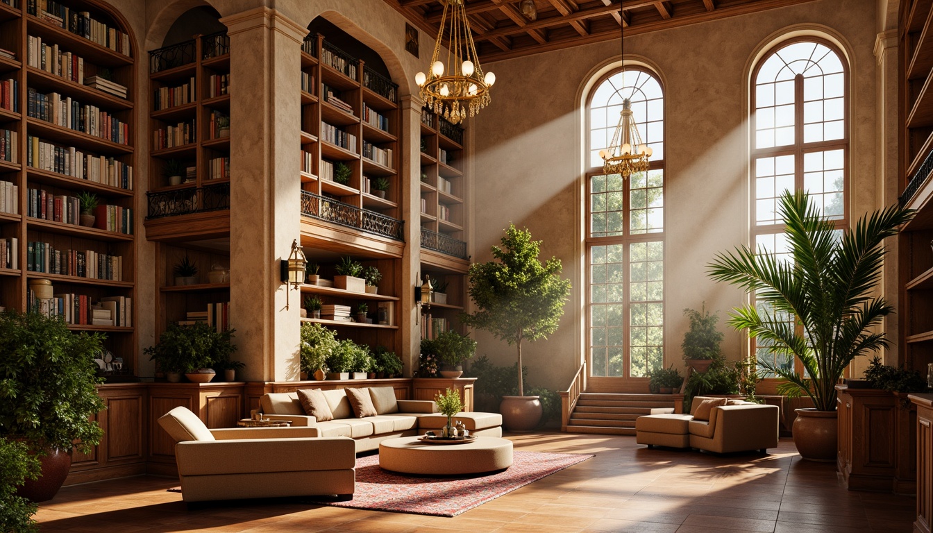 Prompt: Rich wooden shelves, leather-bound books, warm beige walls, soft golden lighting, cozy reading nooks, plush armchairs, elegant chandeliers, ornate metal railings, sophisticated architectural details, vibrant greenery, lush potted plants, earthy terracotta floors, natural stone columns, subtle texture variations, harmonious color transitions, 1/1 composition, atmospheric misting, warm afternoon sunlight, soft focus blur.