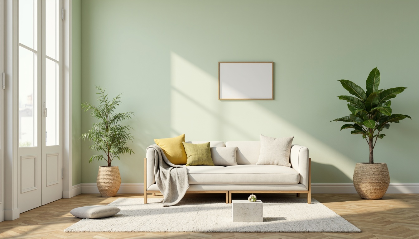 Prompt: Soft pale green walls, creamy white trim, warm beige floors, natural wood accents, minimal modern furniture, potted plants, delicate florals, softbox lighting, gentle shadows, 1/1 composition, intimate atmosphere, subtle texture overlay, realistic rendering.