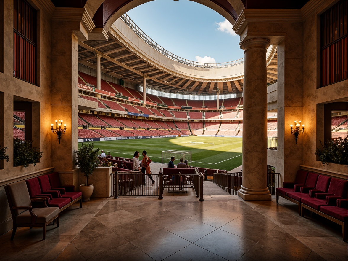 Prompt: Grandiose soccer stadium, classical columns, archaic fa\u00e7ade, limestone walls, marble floors, ornate detailing, rich wood accents, velvet upholstery, regal seating areas, majestic chandeliers, warm golden lighting, dramatic shadowing, 1/2 composition, low-angle shot, cinematic atmosphere, realistic textures, ambient occlusion.Let me know if you need any further adjustments!