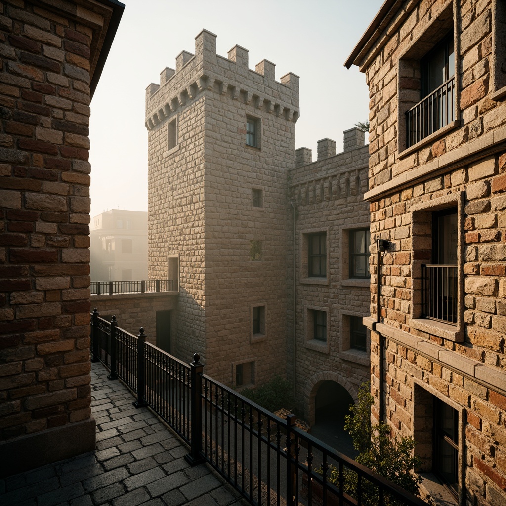 Prompt: Tall watchtower, stone brick walls, narrow windows, crenellated parapets, fortified architecture, medieval design, rustic wooden doors, metal hinges, iron latticework, winding staircases, lookout platforms, elevated viewpoints, misty morning atmosphere, warm golden lighting, 1/2 composition, dramatic shadows, detailed stonework textures, ambient occlusion.