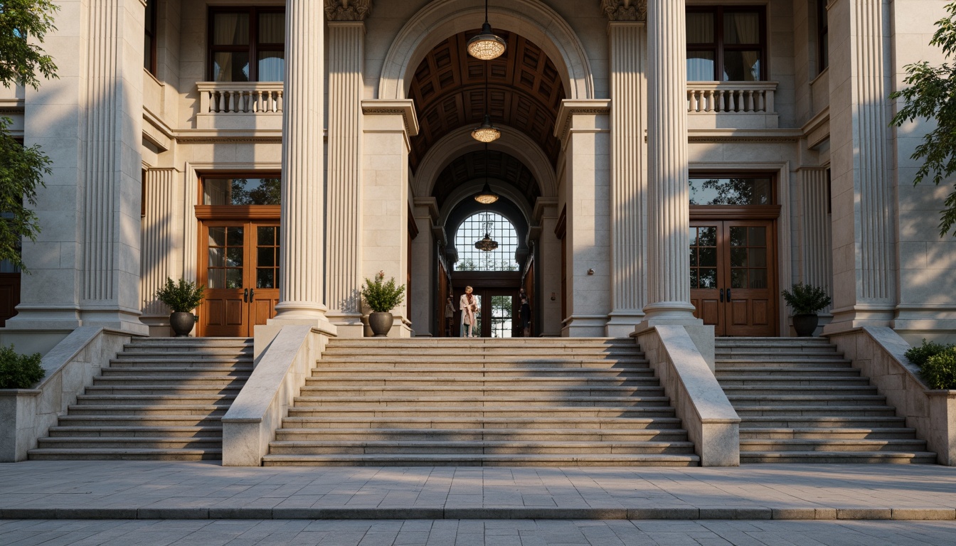 Prompt: Grand library facade, neoclassical architecture, imposing columns, ornate details, symmetrical composition, majestic entrance, sweeping staircases, intricate moldings, classic pediments, rusticated base, limestone walls, grandiose scale, subtle lighting, afternoon sun, shallow depth of field, 2/3 composition, realistic textures, ambient occlusion.