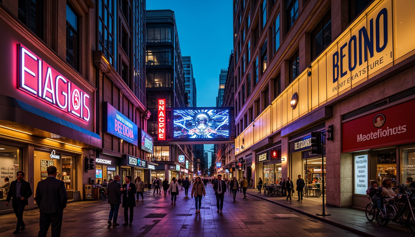 Prompt: Vibrant nightlife atmosphere, neon-lit signage, metallic accents, reflective glass fa\u00e7ades, curved lines, futuristic architecture, LED light installations, urban cityscape, bustling streets, evening ambiance, warm golden lighting, shallow depth of field, 1/1 composition, dramatic shadows, dynamic textures, ambient occlusion.