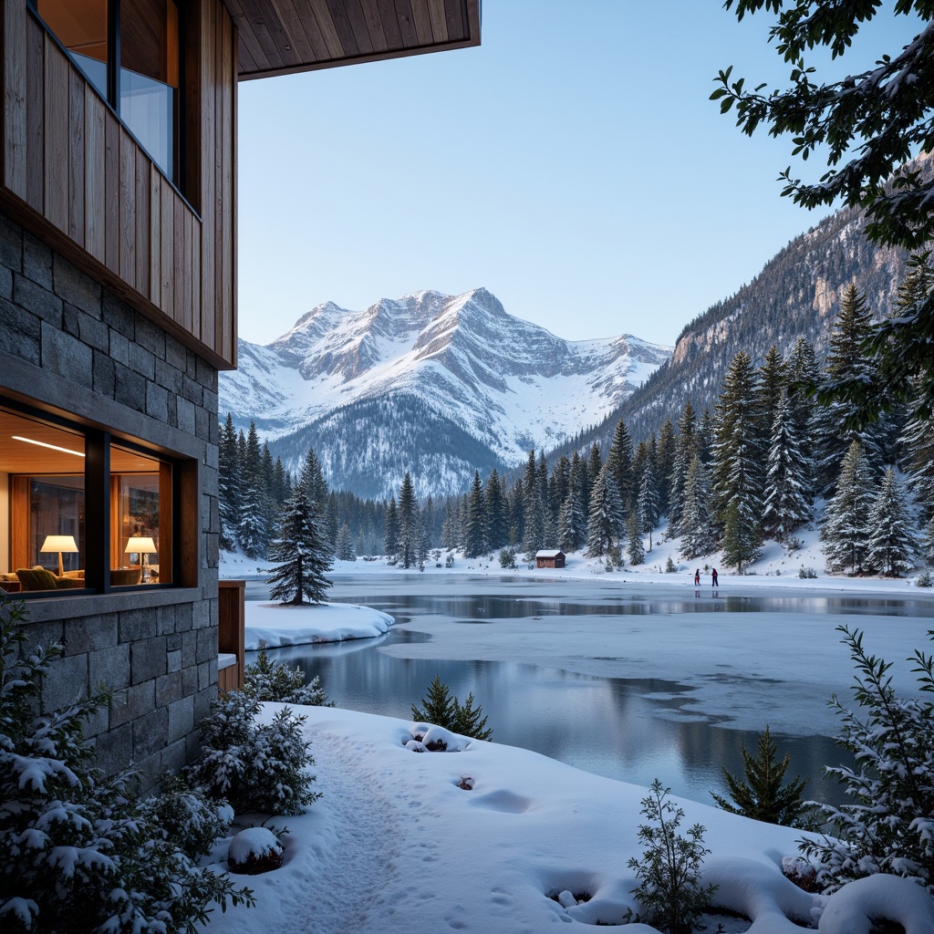 Prompt: Snow-capped mountain peaks, frozen lakes, pine tree forests, ski lifts, snowboarding trails, wooden chalets, rustic stone walls, large windows, cozy fireplaces, warm lighting, ambient atmosphere, 3/4 composition, natural textures, realistic rendering, misty morning, soft focus, shallow depth of field, panoramic view, winter sports equipment, vibrant color accents.