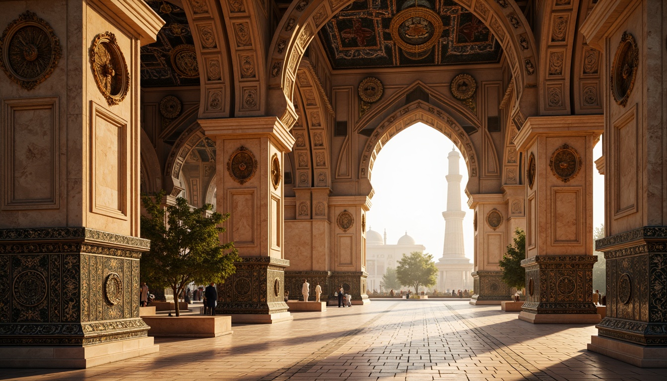 Prompt: Intricate stone carvings, ornate marble columns, gilded domes, vibrant mosaic patterns, richly textured brickwork, ornamental arches, grand entrance portals, lavish ornateness, dramatic lighting effects, warm golden hues, soft afternoon sunlight, shallow depth of field, 1/2 composition, realistic textures, ambient occlusion.