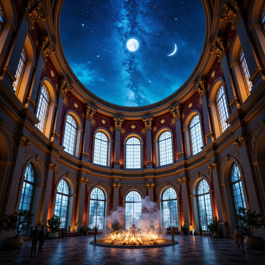 Prompt: Celestial planetarium, domed structure, ornate details, Baroque-inspired architecture, vibrant blue hues, golden accents, rich crimson tones, soft cream textures, intricate mosaics, stained glass windows, starry night sky, crescent moon, twinkling constellations, atmospheric lighting, subtle fog effects, mystical ambiance, symmetrical composition, 1/1 aspect ratio, realistic reflections, high-contrast rendering.