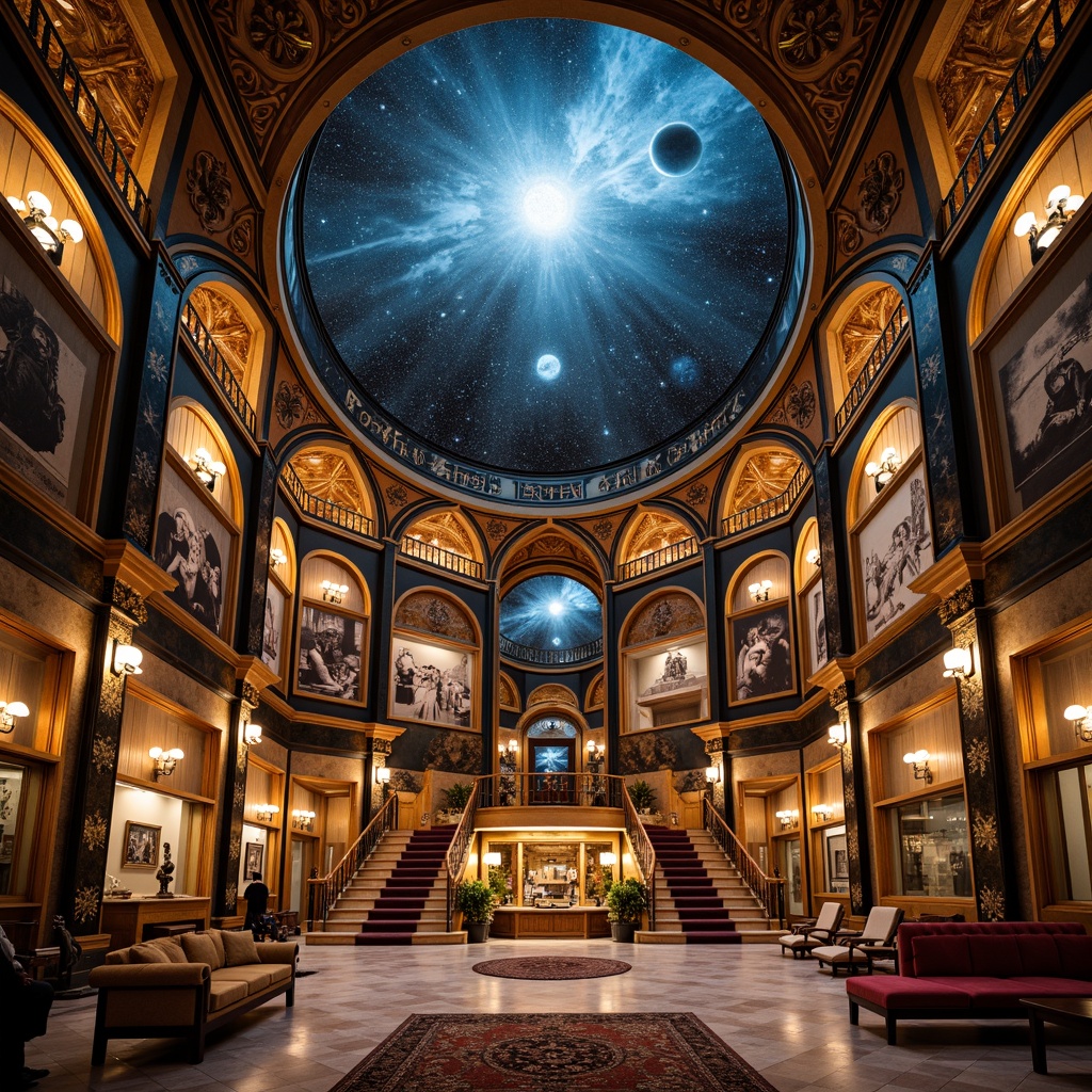 Prompt: Intricate planetarium, ornate Baroque architecture, gilded domes, celestial body exhibits, starry night sky projections, lavish chandeliers, marble flooring, intricate frescoes, golden accents, ornamental mirrors, velvet drapes, luxurious furnishings, astronomical instruments, antique telescopes, richly patterned rugs, grand staircases, dramatic lighting, warm ambient glow, high-contrast shadows, shallow depth of field, 1/2 composition, soft focus, realistic textures.