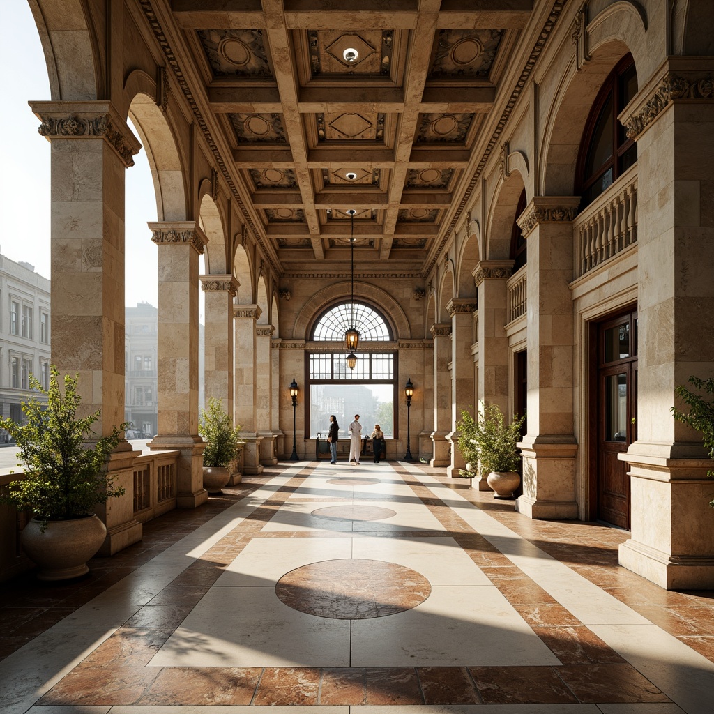 Prompt: Ornate bus station, grandiose columns, intricate stonework, rusticated walls, curved archways, ornamental facades, Baroque-style decorations, marble flooring, high ceilings, large windows, natural light, warm beige tones, rough-hewn stones, distressed finishes, ornate metalwork, gilded accents, dramatic lighting, low-angle shots, 1/2 composition, shallow depth of field, realistic textures.