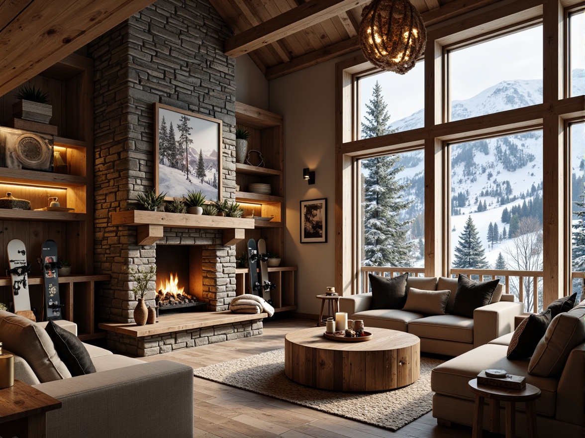 Prompt: Cozy ski lodge, rustic wooden accents, warm fireplace, comfortable seating areas, snowboard racks, ski boot storage, modern amenities, large windows, snowy mountain views, soft warm lighting, shallow depth of field, 3/4 composition, natural textures, ambient occlusion, earthy color palette, stone walls, wooden beams, vintage ski equipment decorations, hot chocolate bar, ski-themed artwork, functional shelving units, plush area rugs.