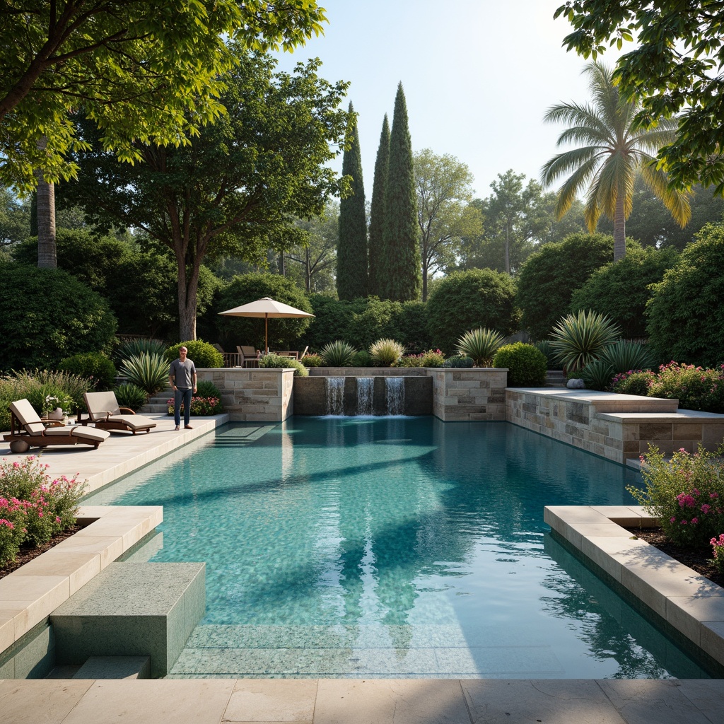 Prompt: Luxurious backyard oasis, crystal-clear swimming pool, gentle waterfalls, natural stone surrounds, sleek modern coping, tranquil ambiance, lush greenery, vibrant flowers, warm sunny day, soft diffused lighting, shallow depth of field, 1/1 composition, realistic water textures, ambient occlusion.